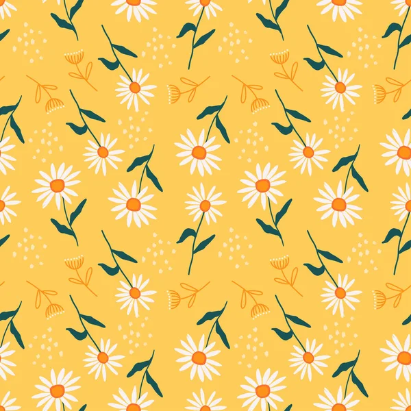Seamless pattern with chamomile flowers on a yellow background. Delicate wild flower and petals herbarium illustration. Ideal for fabric, wallpapers, backgrounds, posters and prints. Vector illustration.