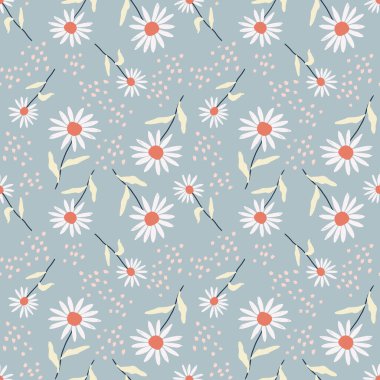 Daisies with stem and leaves. Abstract seamless pattern. Cute floral print. Vector illustration.