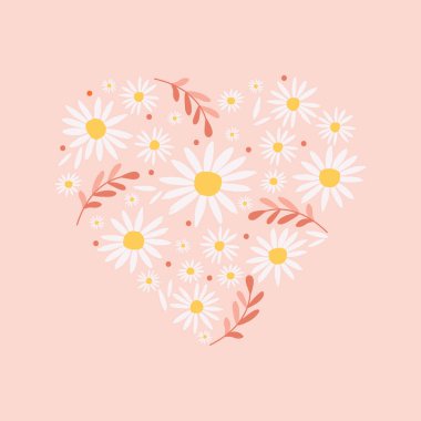 Delicate flower vector illustration. Daisies in the shape of a heart. Small and large daisies together with branches and decor in the form of dots.