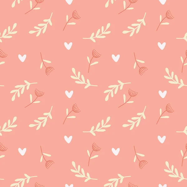 Delicate seamless pattern of wild flowers, twigs and hearts on a bright background. Perfect for textile, fabric, surface, wallpaper, scrapbooking. Vector illustration.