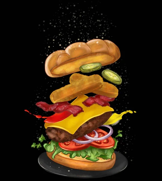 Burger drawing piece by piece
