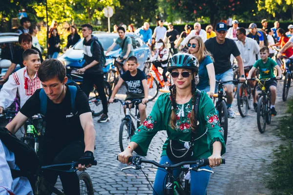Woman Rides Bicycle Participants Charity Bicycle Race Support Ukraine Russian — Stock Photo, Image