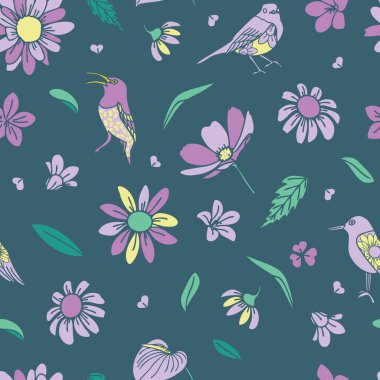 Vektör yeşil sarı çiçek ve koyu yeşil arka planda izole edilmiş pürüzsüz kuşlar. Çarşaf baskısı. Tekstil ve duvar kağıdı için eğilim baskısı