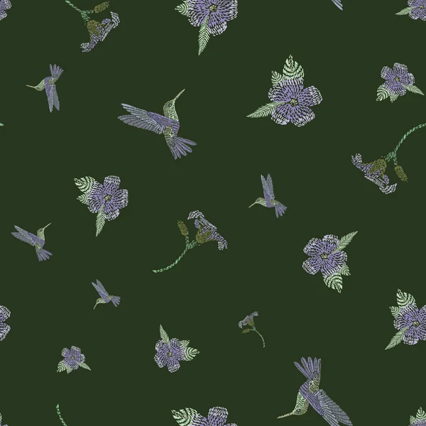 Vetor sem costura voador hummingbird padrão floral, primavera horário de verão, suave romântico em um projeto de impressão allover fundo verde escuro. Impressão para roupa de cama. impressão tendência para têxteis e papel de parede — Vetor de Stock