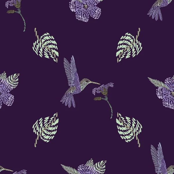 Folha verde beija-flor voador oblíquo com pequeno padrão sem costura flor roxa isolado em um fundo roxo escuro. textura para tecido, têxtil, papel de parede, vestuário. Ilustração vetorial — Vetor de Stock