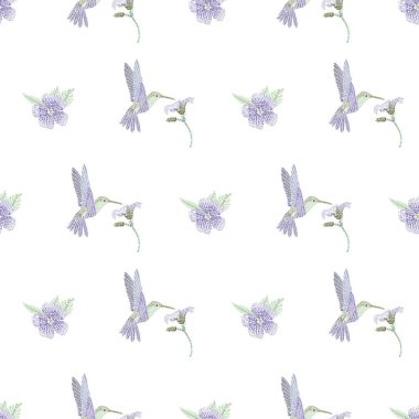 Uçan sinekkuşu mor çiçeği ve yaprakları beyaz bir arka planda izole edilmiş. Kumaş, ambalaj, tekstil, duvar kâğıdı, giysi dokusu. Vektör illüstrasyonu