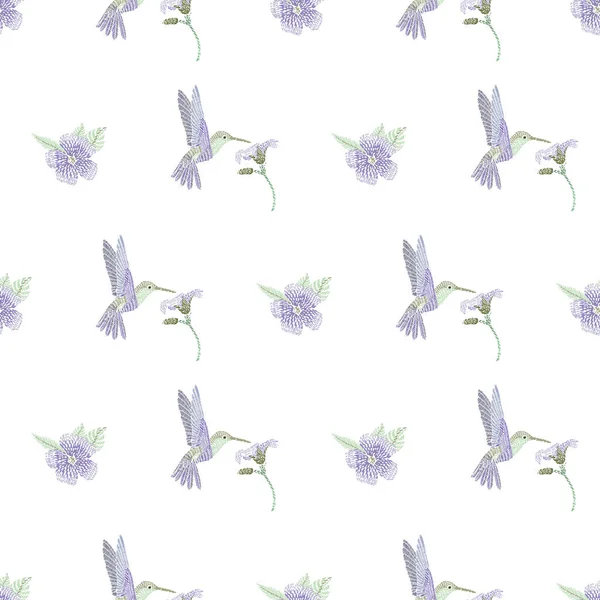 Colibrí Volador Flor Púrpura Hojas Patrón Sin Costuras Aislado Sobre — Archivo Imágenes Vectoriales