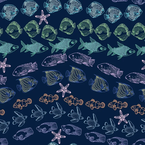 Seamless Vector Pattern Starfish Horziontal Swimming Fish Wave Line Isolated — стоковый вектор