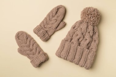 Kahverengi kış şapkası ve eldivenleri renkli arka planda. Üst görünüm.