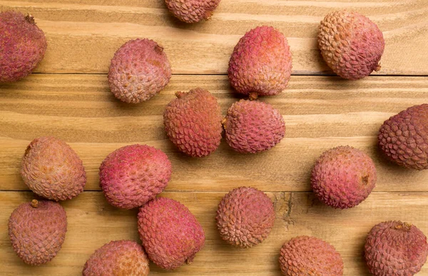 Lychee Fruits Sur Fond Bois Vue Dessus Plan Plat — Photo