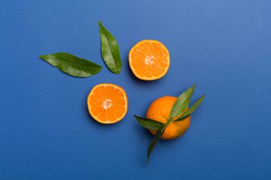 Renkli arka planda taze mandalinalarla yatıyordu. Üst görünüm.