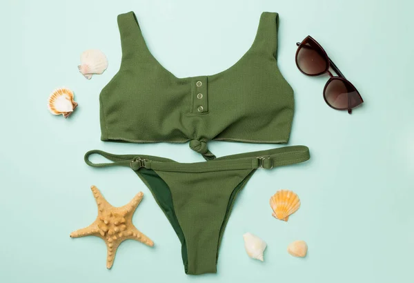 Bellissimo Bikini Verde Sfondo Colori Vista Dall Alto — Foto Stock