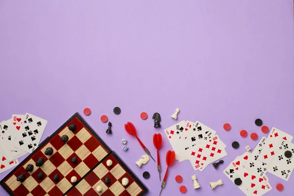 Verschiedene Brettspiele Auf Farbigem Hintergrund Draufsicht — Stockfoto