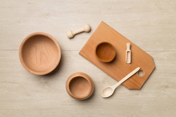 Wooden Cutlery Bowls Board Wooden Background Top View — Φωτογραφία Αρχείου