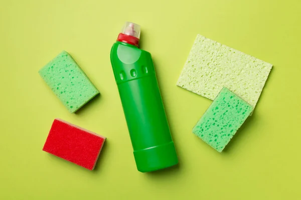 House Cleaning Products Color Background Top View — Fotografia de Stock