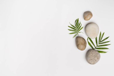 Tahta arka planda kaplıca taşları ve yapraklar, üst manzara.