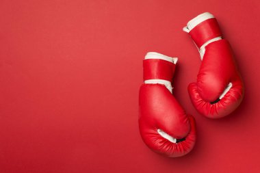 Red boxing gloves on color background, top view.