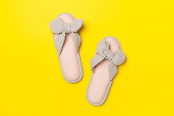 Soft Pink Slippers Color Background Top View — Stock Photo, Image