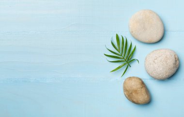 Tahta arka planda kaplıca taşları ve yapraklar, üst manzara.