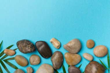 Tahta arka planda kaplıca taşları ve yapraklar, üst manzara.