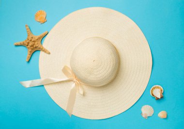 Renkli arka planda güzel hasır şapka ve deniz kabukları, üst manzara.