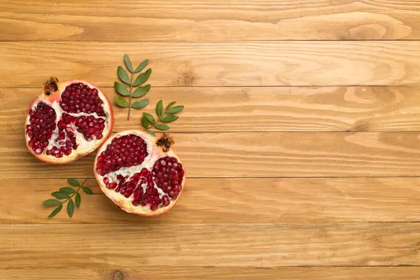 Fresh Juicy Pomegranate Wooden Background Top View — Photo