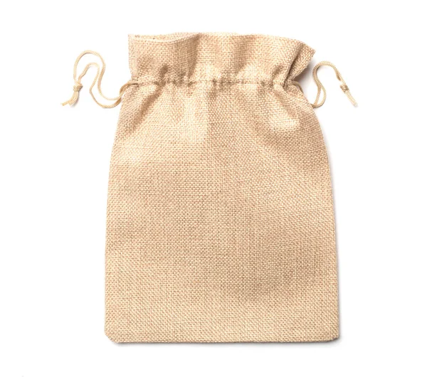 Burlap eco sack isolated on white background, top view.
