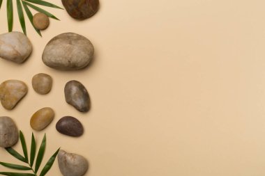 Renk arkaplan üzerinde spa taşları ve yapraklar, üst görünüm.