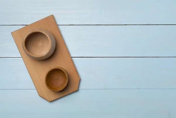 Wooden Bowls Board Wooden Background Top View — 스톡 사진