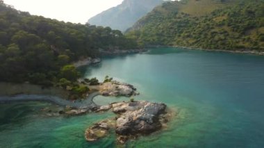 Aerial view of the Darbogaz bay (Kayakoy) in Fethiye Turkey - summer time, azure, blue water, beautiful rocks, isolated place for relax.