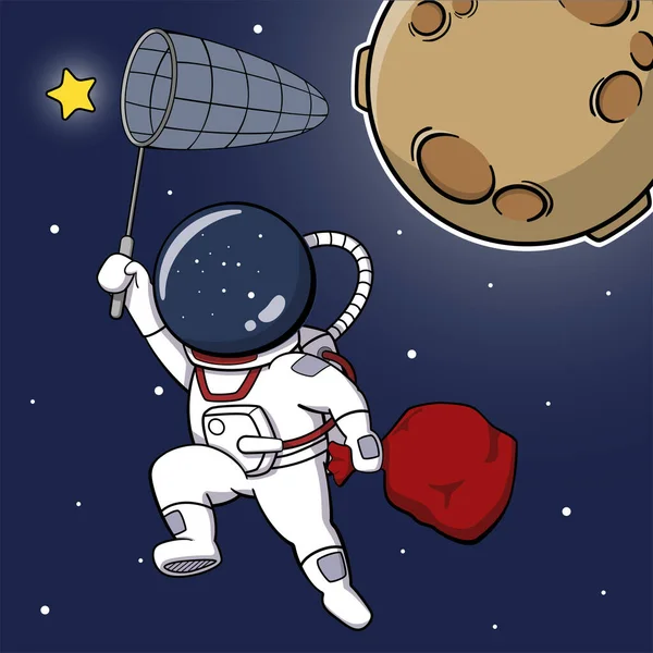 卡通片 太空中的宇航员捕捉星星 — 图库矢量图片
