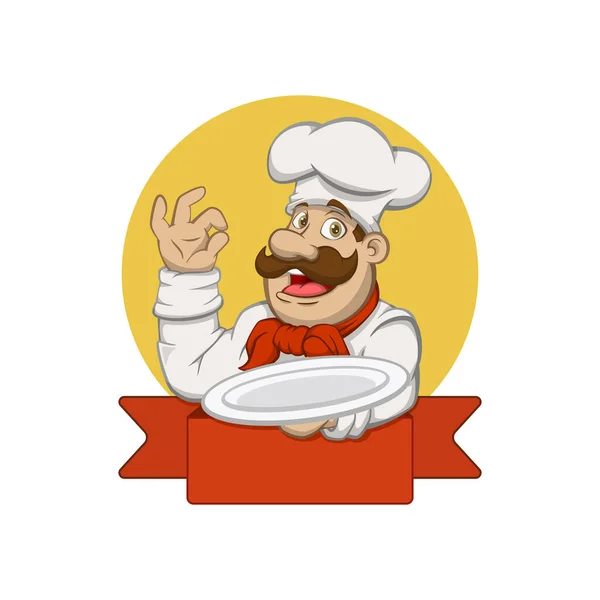 Chef Segurando Placa Logotipo Mascote Mão Esquerda — Vetor de Stock