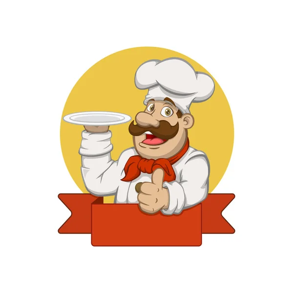 Chef Segurando Placa Logotipo Mascote Mão Direita — Vetor de Stock
