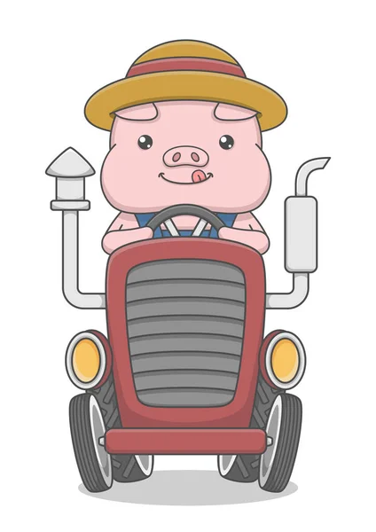 Cute Pig Farmer Riding Tractor — Stock Vector