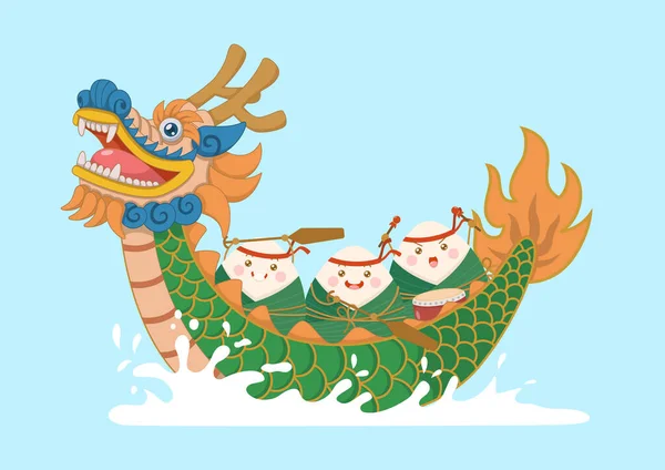 Niedlich Und Kawaii Chinesischen Klebrigen Reis Zongzi Zeichen Reiten Drachenboot — Stockvektor