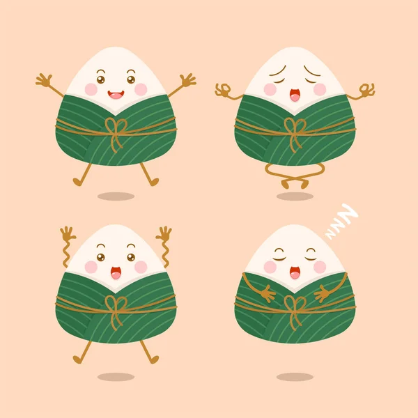 Cute Kawaii Chinese Sticky Rice Dumplings Zongzi Cartoon Characters Set — Stock Vector