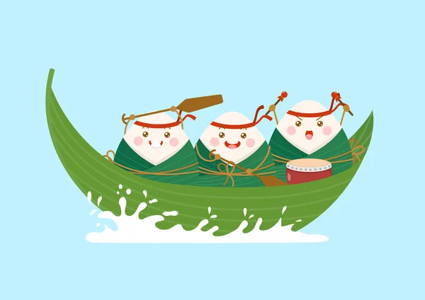 Cute Kawaii Chinese Sticky Rice Dumplings Zongzi Cartoon Characters Riding — Stock Vector