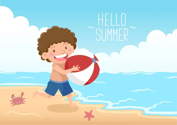 可爱的男孩带着海滩球在海滩打招呼夏天 — 图库矢量图片