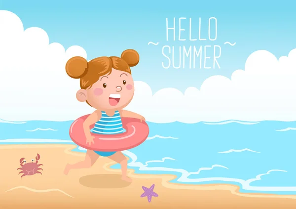 可爱的女孩带着游泳甜甜圈在海滩打招呼夏天 — 图库矢量图片
