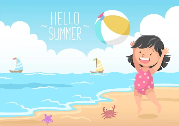 可爱的女孩玩海滩球你好夏天 — 图库矢量图片
