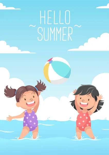 可爱的女孩玩海滩球你好夏天 — 图库矢量图片