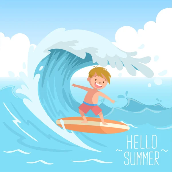 可爱的孩子在大浪上冲浪你好夏天 — 图库矢量图片