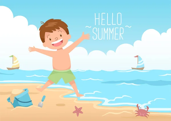 快乐的孩子跳着打招呼夏天 — 图库矢量图片