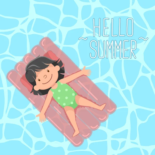 Linda Chica Acostada Cama Flotante Hola Verano — Vector de stock