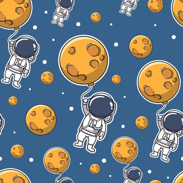 Schattig Astronaut Houden Maan Ballon Ruimte Naadloos Patroon — Stockvector