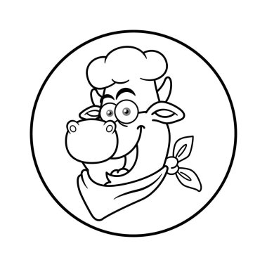 Siyah ve Beyaz Çizgi Film İnek Yüzlü Şef Maskot Logosu