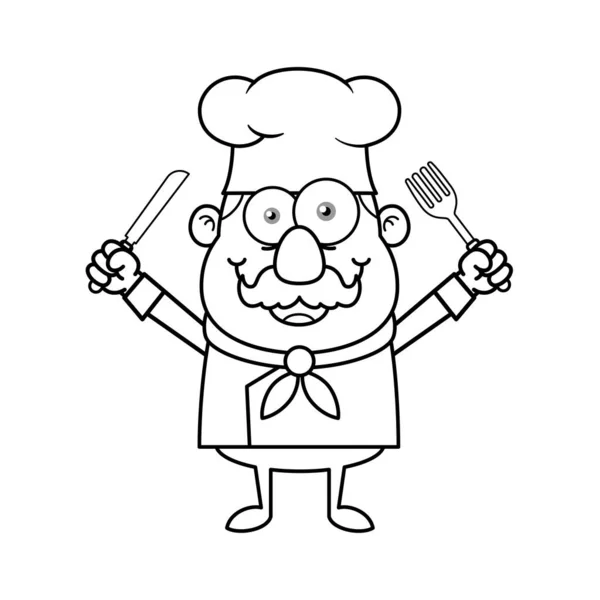 Mascotte Chef Noir Blanc Logo Personnage Bande Dessinée Tenant Fourchette — Image vectorielle