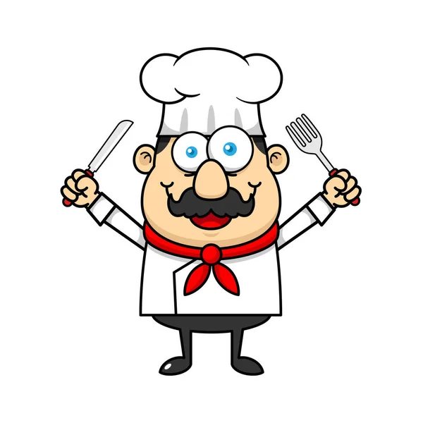 Kuchař Maskot Logo Karikatura Znak Držení Vidlička Nůž — Stockový vektor