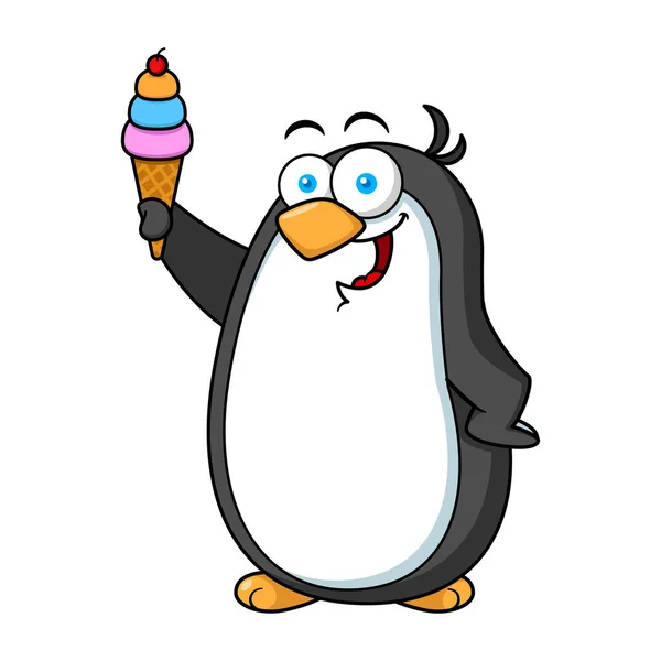 Cartoon Penguin Mascot Character Holding Ice Cream Cone — Stock Vector