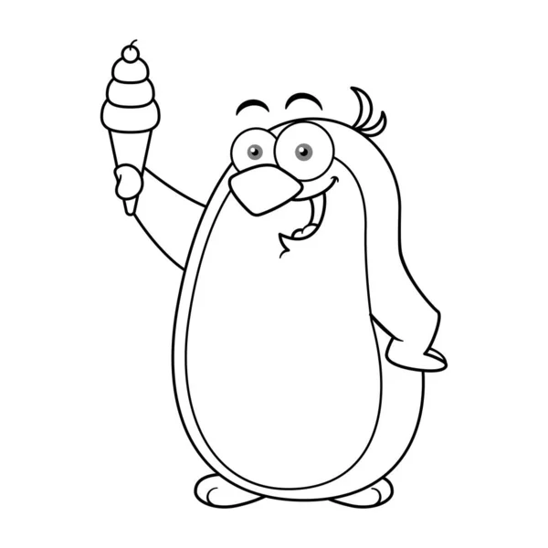 Κινούμενο Σχέδιο Penguin Mascot Character Holding Παγωτό Περίγραμμα — Διανυσματικό Αρχείο